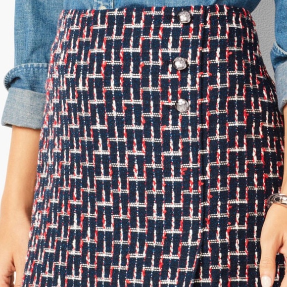 Talbots Boucle Wrap Skirt Silver Buttons Navy Red White Textured Size 14 - Picture 2 of 14